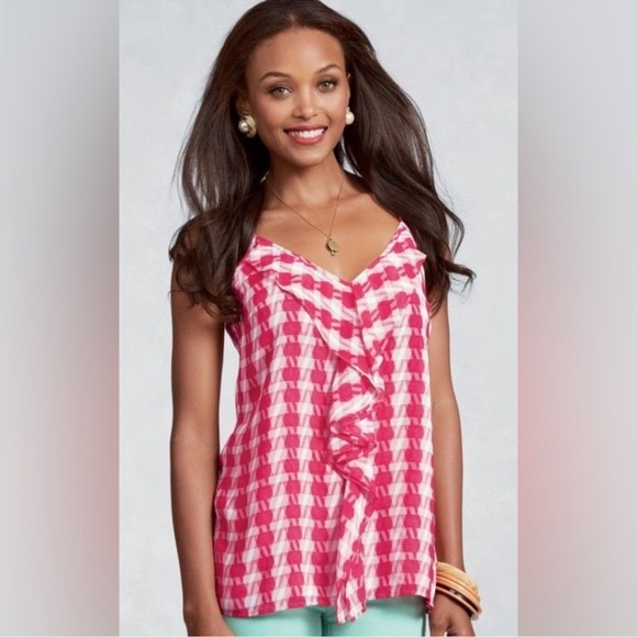Cabi Amour Cami Tank Top/Shirt/Blouse Sz M Pink White Ruffle Check Front V-neck - Picture 1 of 10